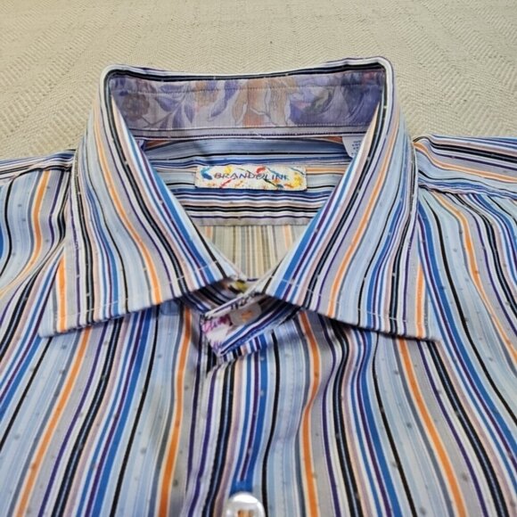 Brandolini Dress Shirt Men's XXL Blue Orange Stripe Long Sleeve Textured EUC - Picture 3 of 16